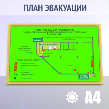 План эвакуации фотолюминесцентный в золотой алюминиевой рамке (А4 формат)